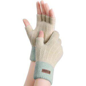 Women's Green Beige Fingerless Half Finger Knitted Mittens Gloves Cold Weather